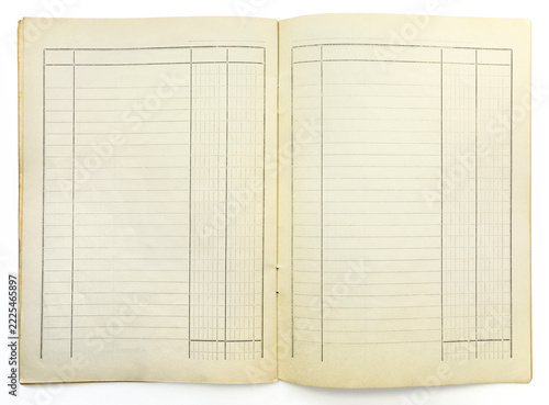 Close-up of accounting book open, isolated on white