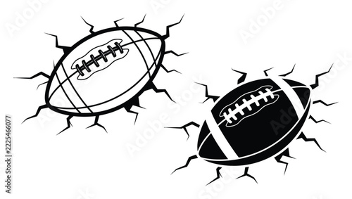 American football ball icons breaking through a wall, set of outline and solid black sports, competition, and impact concepts