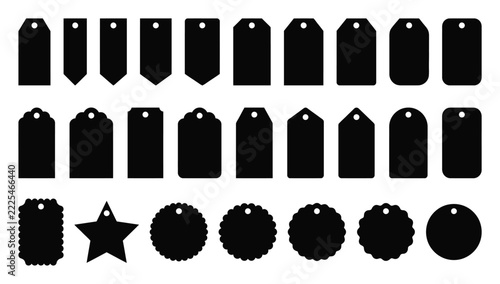 Assorted collection of blank paper price tags and gift labels in various shapes and sizes for retail branding and decorative craft projects