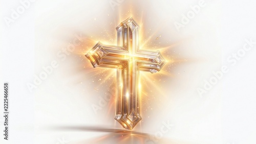 Golden glowing christian cross with divine light rays isolated on white background