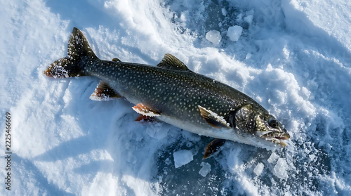Lake trout caught ice fishing on snow-covered surface  