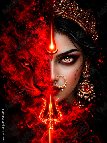 Goddess Durga Face Split with Fiery Red Lion and Trishul