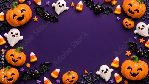 Top-down view of a Halloween background. In the center, there is a dark purple space for text. Around the edges are 3D clay figures: smiling pumpkins, white ghosts, candy corn, and bats. 3D render.