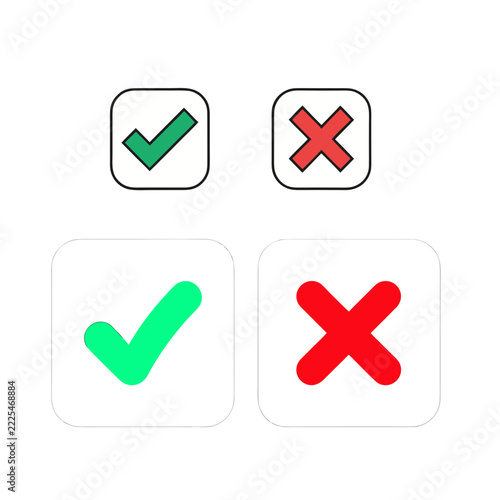 Minimal Flat Icons Set of Green Tick Mark and Red Cross for Yes No Answers, Correct Wrong Status, Approval Rejection and Positive Negative Comparison vector file