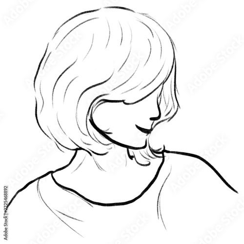 Short hair young woman smiling in profile side view outline illustration