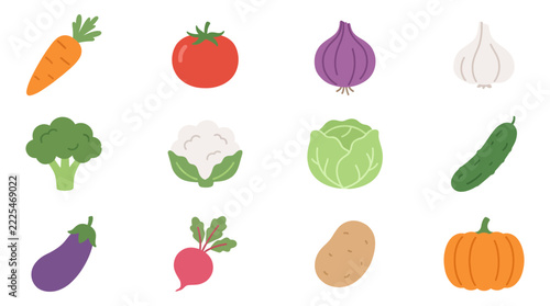 Vibrant colorful vector graphic illustration set of healthy fresh organic raw garden vegetables