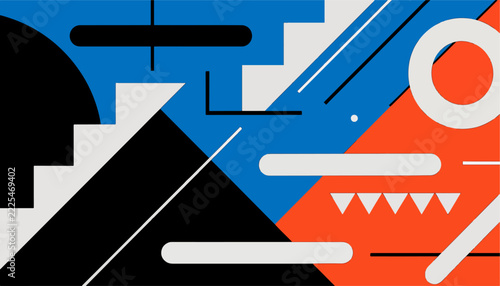 Vivid abstract composition with dynamic geometric forms arranged in playful directions