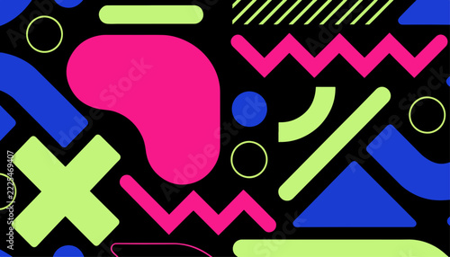 Vibrant Memphis wallpaper combining bright shapes with strong black background contrast