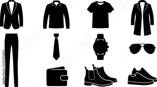 Silhouettes of men s clothing items including suits shirts and accessories on a white background