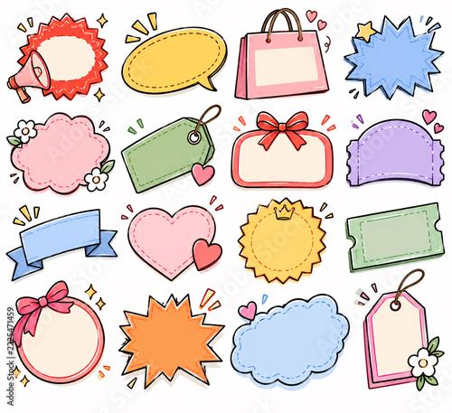 Cute blank sale tag label and discount badge icon set for online shopping store Colorful hand drawn sale tag sticker sheet with ribbon offer banner and price tag. Generative AI