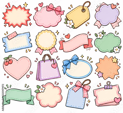 Cute blank sale tag label and discount badge icon set for online shopping store Colorful hand drawn sale tag sticker sheet with ribbon offer banner and price tag. Generative AI