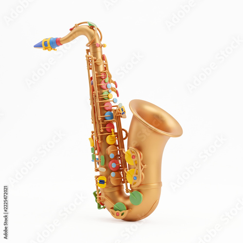 Photography Golden saxophone with colorful keys on white background, brass woodwind instrume