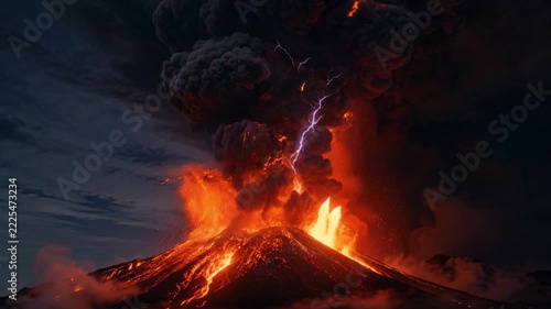 Powerful volcanic eruption with glowing lava, massive black ash clouds and lightning in dark night sky