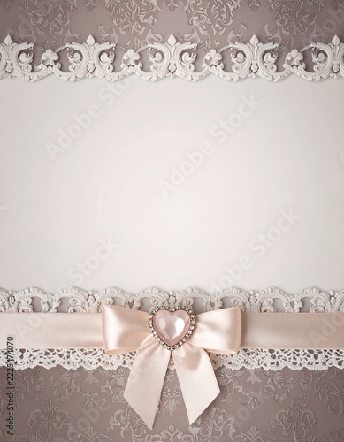 Elegant Pink and Beige Baroque Template Background with Lace Ribbon and Diamond Heart