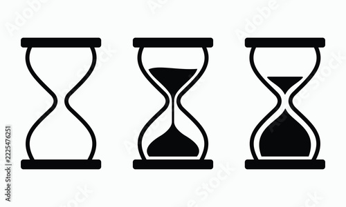 Three hourglass icons in black outline, depicting different stages of time passing from empty to full, used for concepts of time management or deadlines.