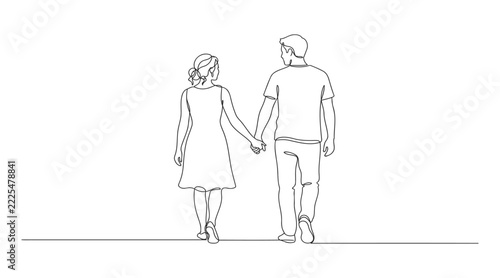 Continuous line art of a young couple holding hands while walking forward