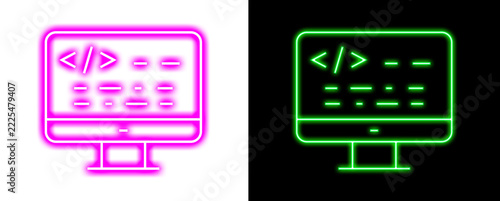 Computer monitor screen neon icon with code snippet elements in pink and green for software development and programming interface.