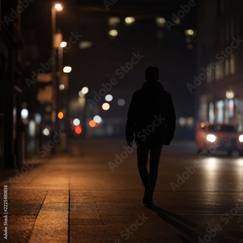 silhouette of a person walking on a city street at night