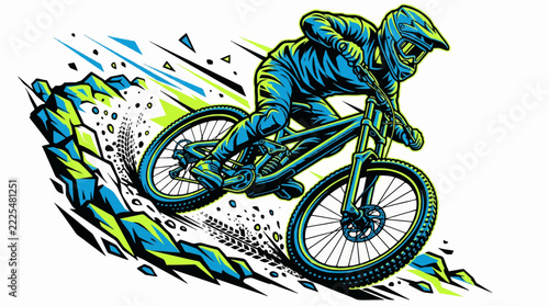 Mountain bike rider speeding down a rocky trail vector illustration