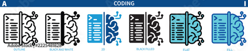 Artificial Intelligence AI Coding Brain and Code Window Icon Set in Outline Solid and Flat Styles Vector Illustration on the transparent background 