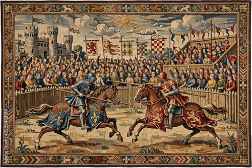 Medieval Tournament Scene: Two knights on horseback engage in a jousting tournament before a grand audience, with banners and a castle in the background.