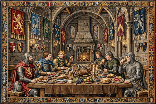 Medieval Feast in Castle Hall: Knights and nobles gather for a lavish banquet in a grand medieval castle hall, illuminated by the warm glow of a roaring fireplace and flickering candlelight.