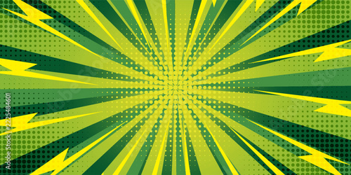 Abstract comic green background vector illustration. Bright pop art halftone pattern with yellow lightning flash and radial speed lines for energetic popart banner, manga action frame, and sale poster