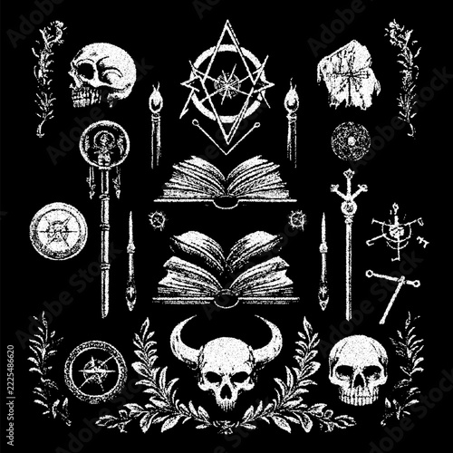Open occult books surrounded by skulls candles herbs and esoteric symbols