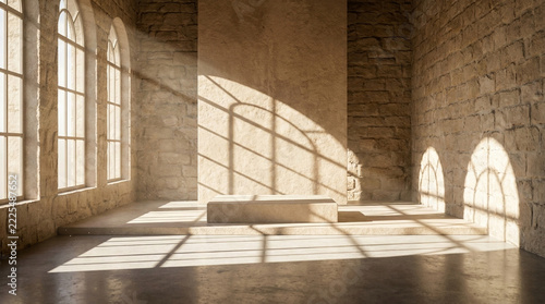 Diagonal front view of a natural sandstone studio interior featuring a simple low display block, highlighted by intricate window shadows.
