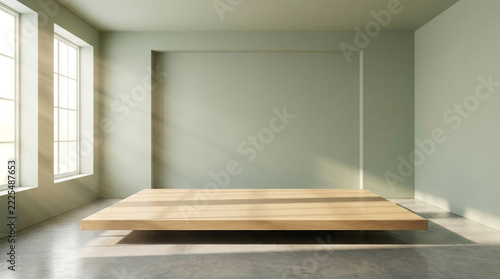 Slight high-angle front view of a light sage green empty studio interior showcasing a minimal floating platform under ethereal sun rays.