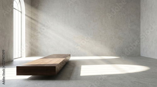 Diagonal front view of a light grey concrete studio interior featuring a sleek floating pedestal and large arched window shadows.