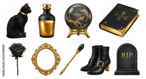 Luxury black and gold Halloween witchcraft objects bundle isolated on transparent background, black cat, golden potion, crystal ball, spellbook, glitter rose, frame, wand, and RIP stone