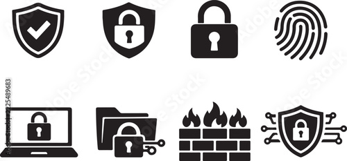 Set of security and privacy icons featuring shield, padlock, fingerprint, laptop, folder, and firewall.