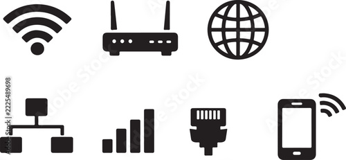 Set of network and wireless communication icons featuring wifi, router, globe, diagram, signal, and ethernet.