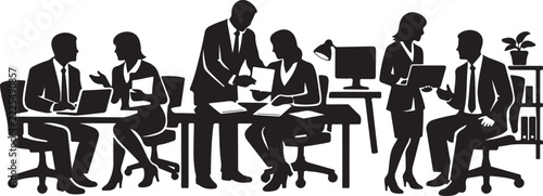 Diverse business team collaborating in open office space, engaged in discussions and working on laptops.