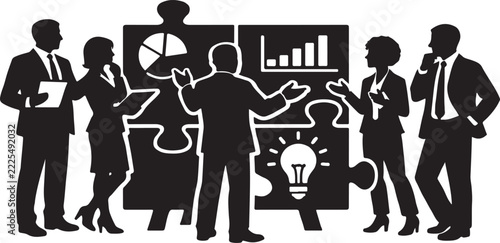 Diverse business people in silhouette gather around puzzle pieces with business charts and lightbulb.
