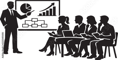 Business presentation with a speaker pointing at charts on a board and attentive audience.