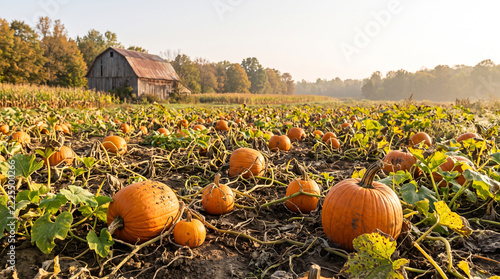 Pumpkin Harvest in an Autumn Farm Field