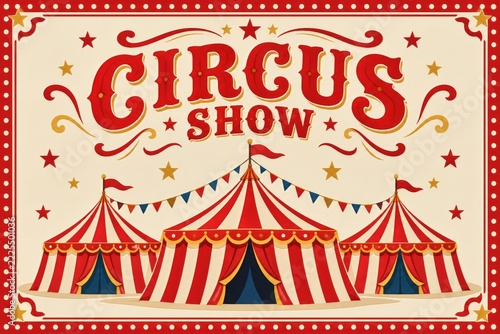 Cream vintage circus poster with three striped tents and red typography