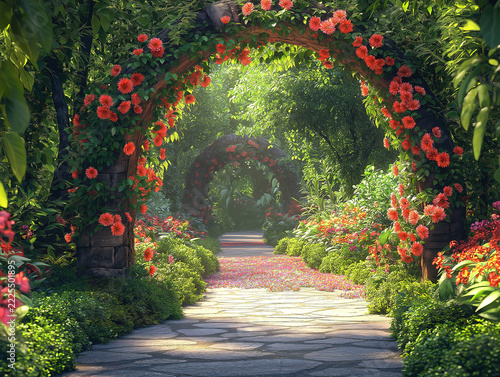 A Breathtaking Garden Archway Surrounded by Fresh Flowers