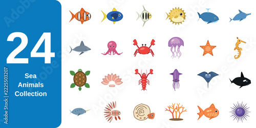 Sea animals collection flat icons featuring fish crab octopus and whale