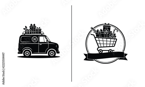 Christmas delivery van and shopping cart with gifts.