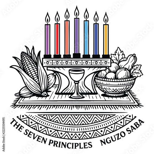 Kwanzaa celebration symbols with seven lit candles on a table.