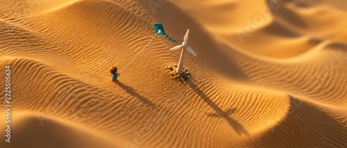 Miniature clay child flying kite beside wind turbine on golden desert sand dunes at sunset