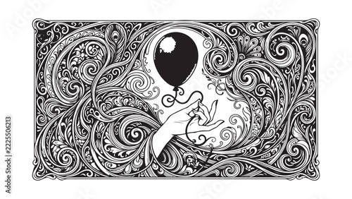 Mystical Hand Holding Balloon Vector Design and Illustration Framed in Ornate Art Nouveau Swirls and Floral Flourishes