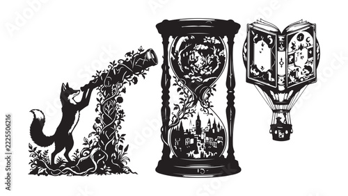 Vintage Fantasy Storybook Engravings Vector Design and Illustration Featuring Stargazing Fox Antique Hourglass and Flying Book Balloon