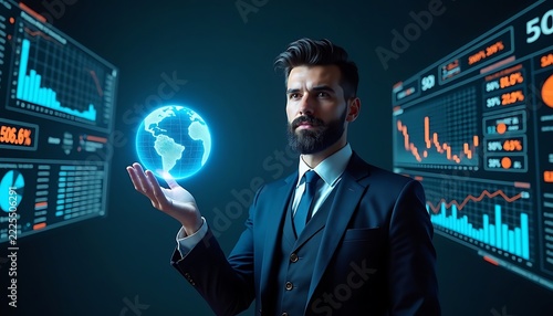 Man in suit holding glowing digital globe with financial charts and data analysis interfaces surrounding him.