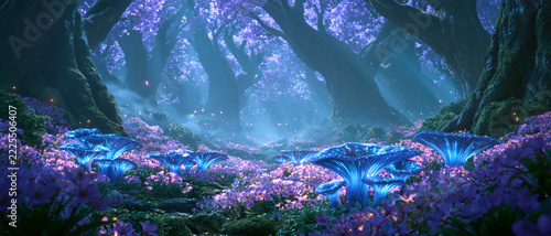 Enchanted forest scene with glowing blue mushrooms and mystical lighting