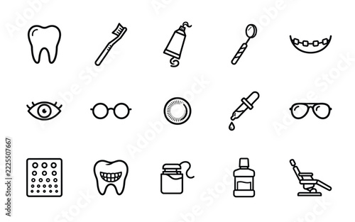 Set of 15 Dental and Vision Care Line Icons - Tooth Care, Optometry, Eye Exam, Stomatology Vector Outline Symbols