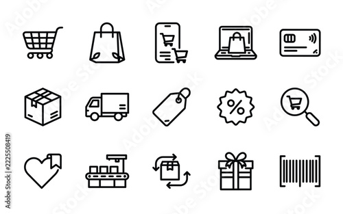Set of 15 Online Shopping and Ecommerce Line Icons - Digital Store, Shopping Cart, Checkout Vector Outline Symbols